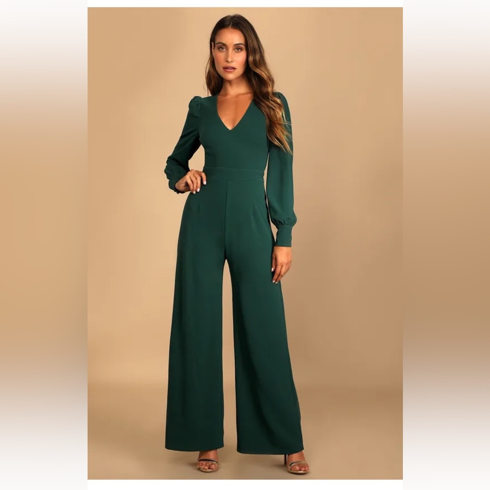 Lulus - Celebrating Romance Emerald Green Long Sleeve Wide-Leg Jumpsuit